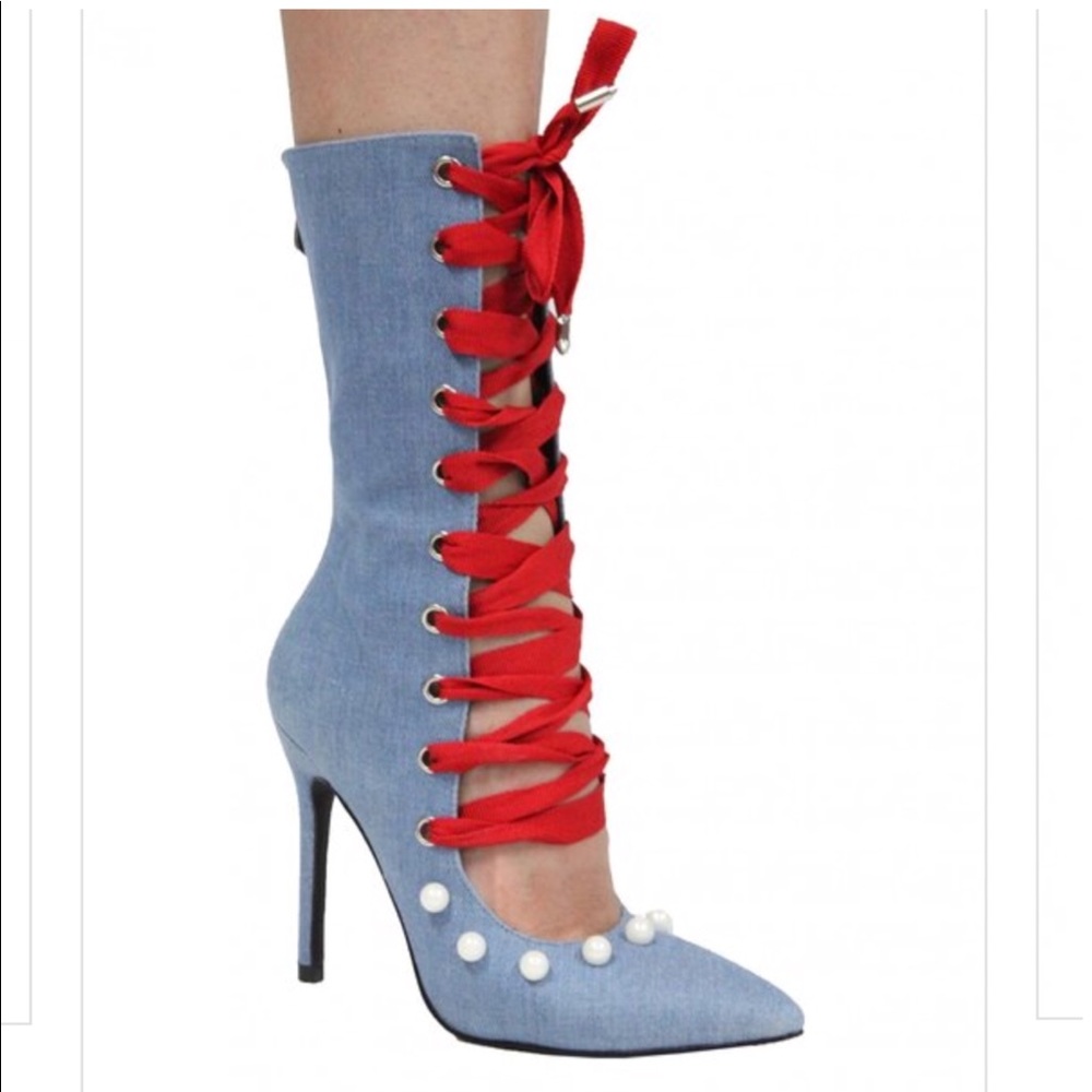 Blue Jean Denim Pearl Stiletto Heels Pumps Boots